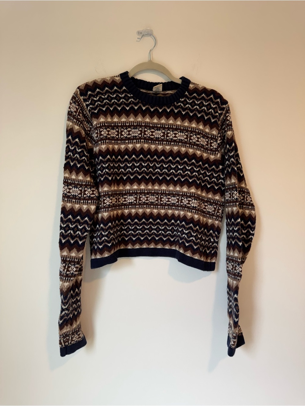 Vintage Fair Isle Pattern Crewneck Sweater - Brown & Cream, cotton blend